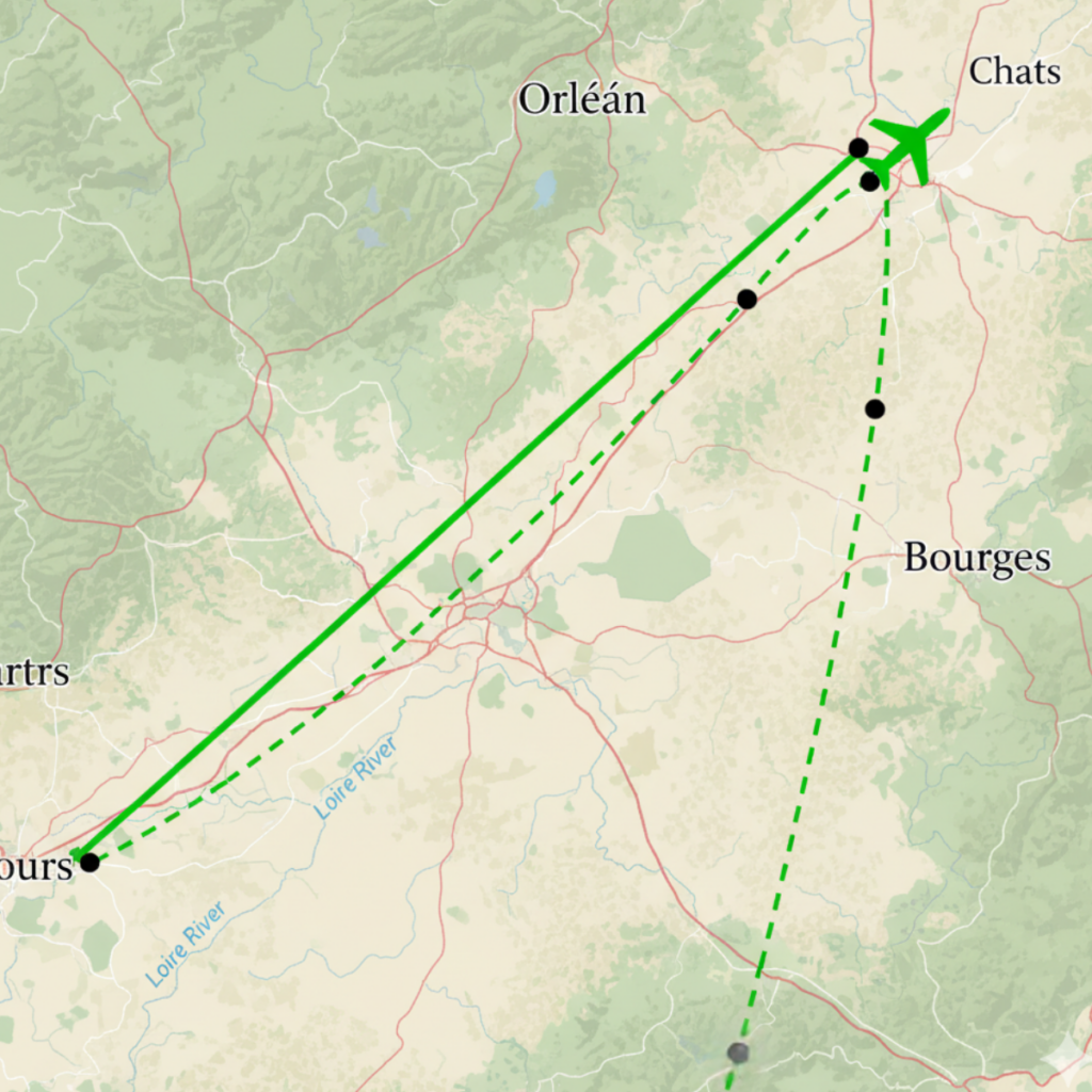 Image of plane icon flaying over map with trajectory lines